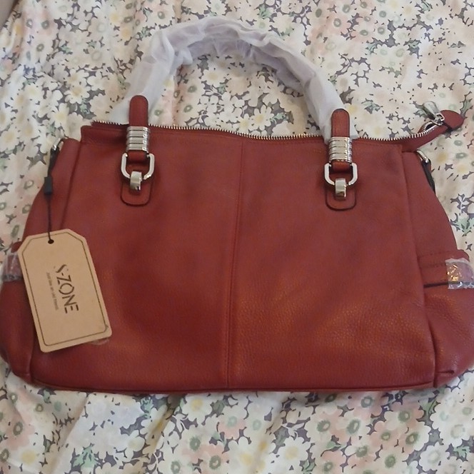 S-ZONE Red Pebbled Satchel Top Handle Zip Bag w/ Detachable Strap, Pockets