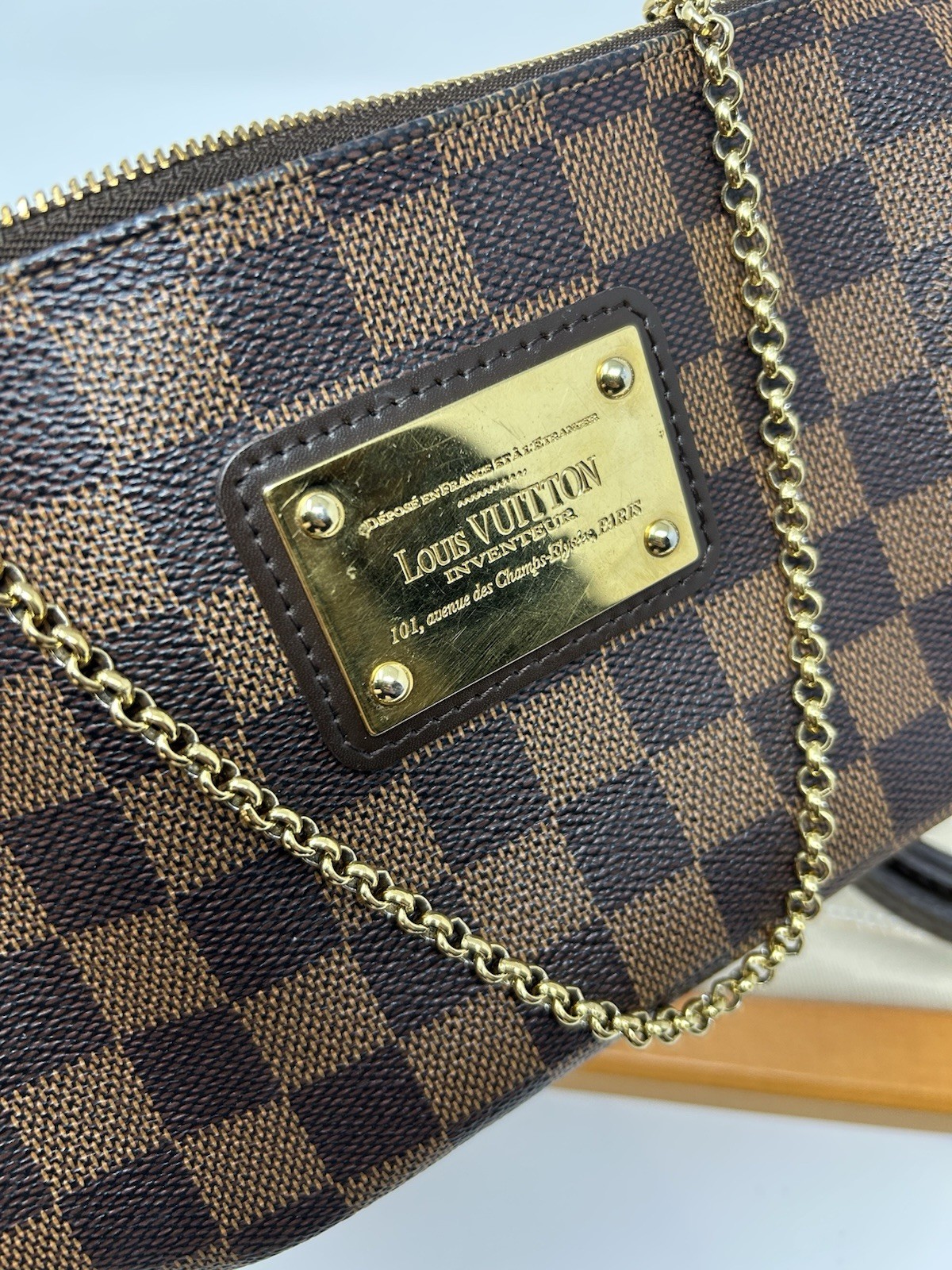 Louis Vuitton Eva Damier Ebene Brown Clutch Crossbody Chain Shoulder Bag W/Box