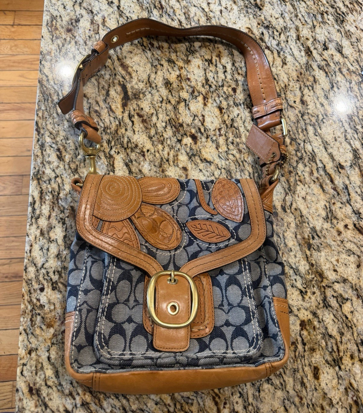 Coach Bleecker Denim Signature Vachetta Leather Floral Flap Bag Y2K Vintage Bag