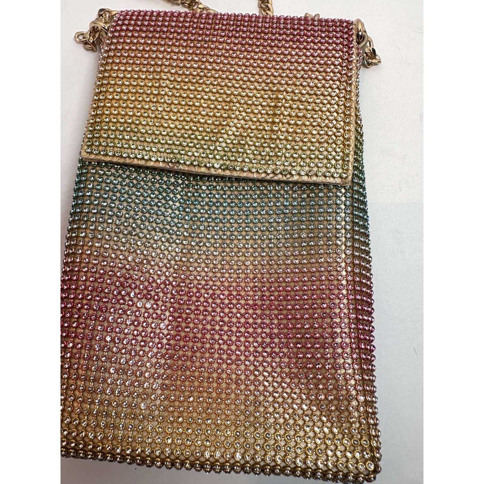 JustFab Rhinestone Crossbody Purse Rainbow Ombre Gold Chains Bling Glam Event