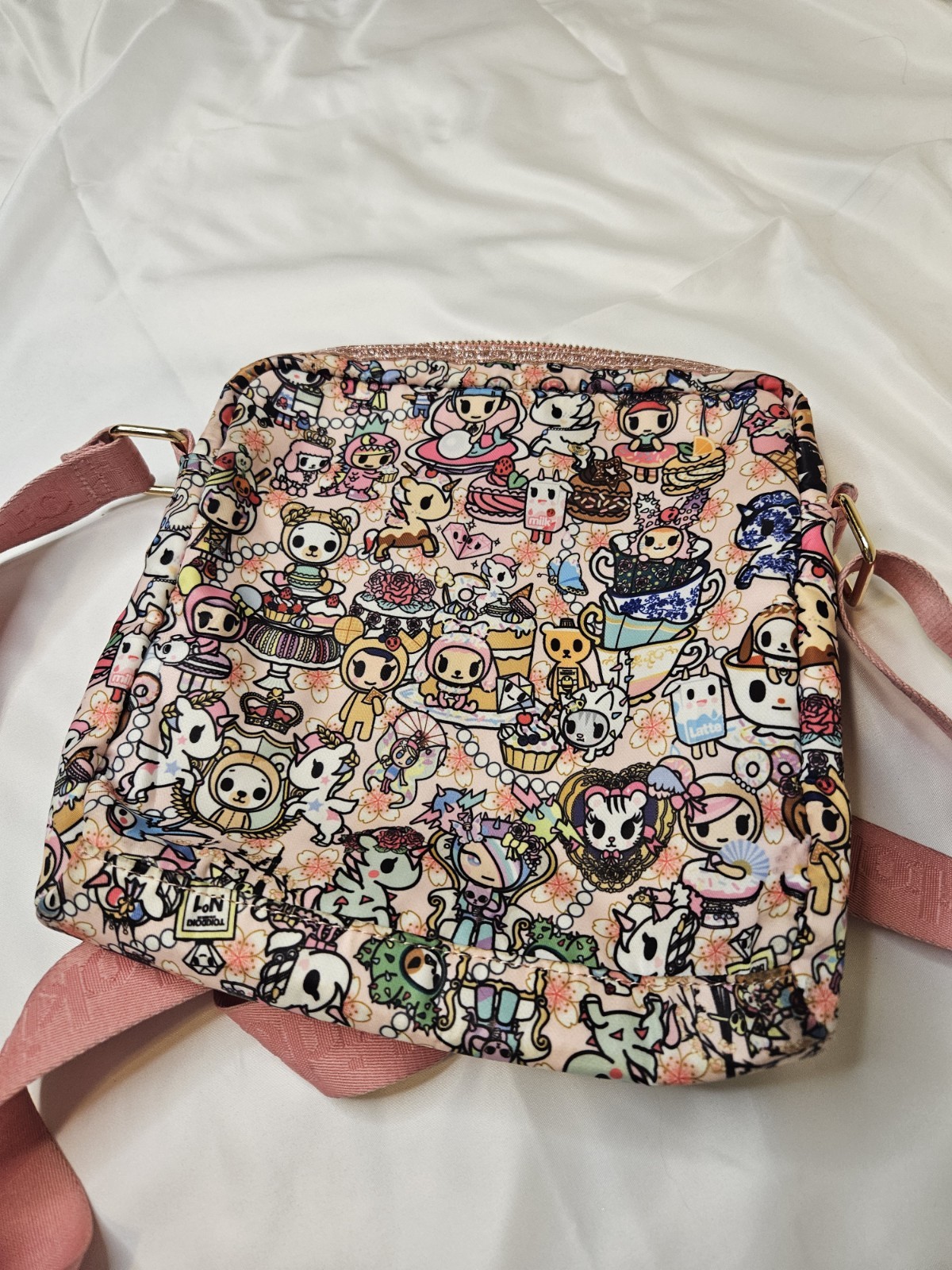 tokidoki Character Print Zip Crossbody Bag Multicolor Pink Strap 9×9