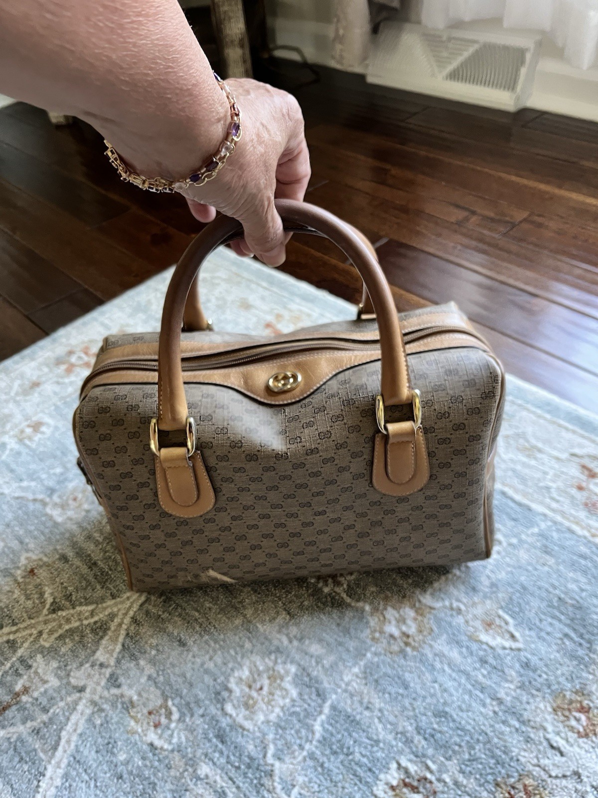 Gucci Micro GG Beige/Brown Zip Satchel Top Handle Bag Charm Gold Hardware