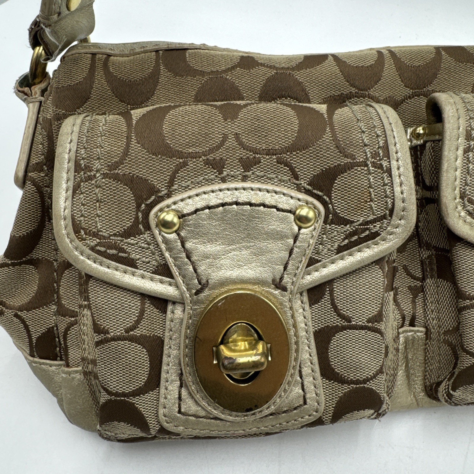 Coach Legacy Double Turnlock Tan Signature C Bag Metallic Gold Y2K # F12869