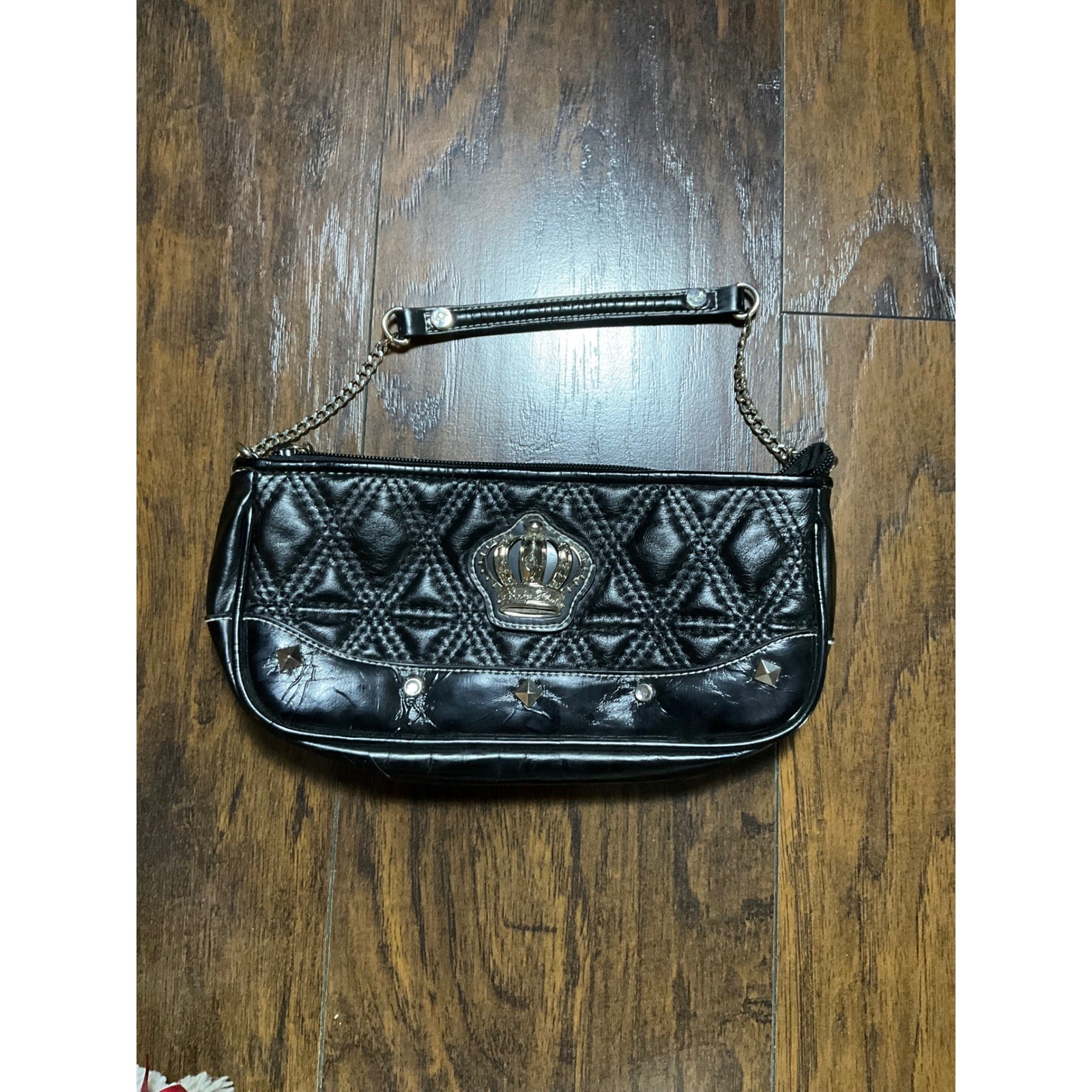 Baby Phat Vintage Y2K Black Quilted Crown Baguette Shoulder Bag Hot Pink Lining