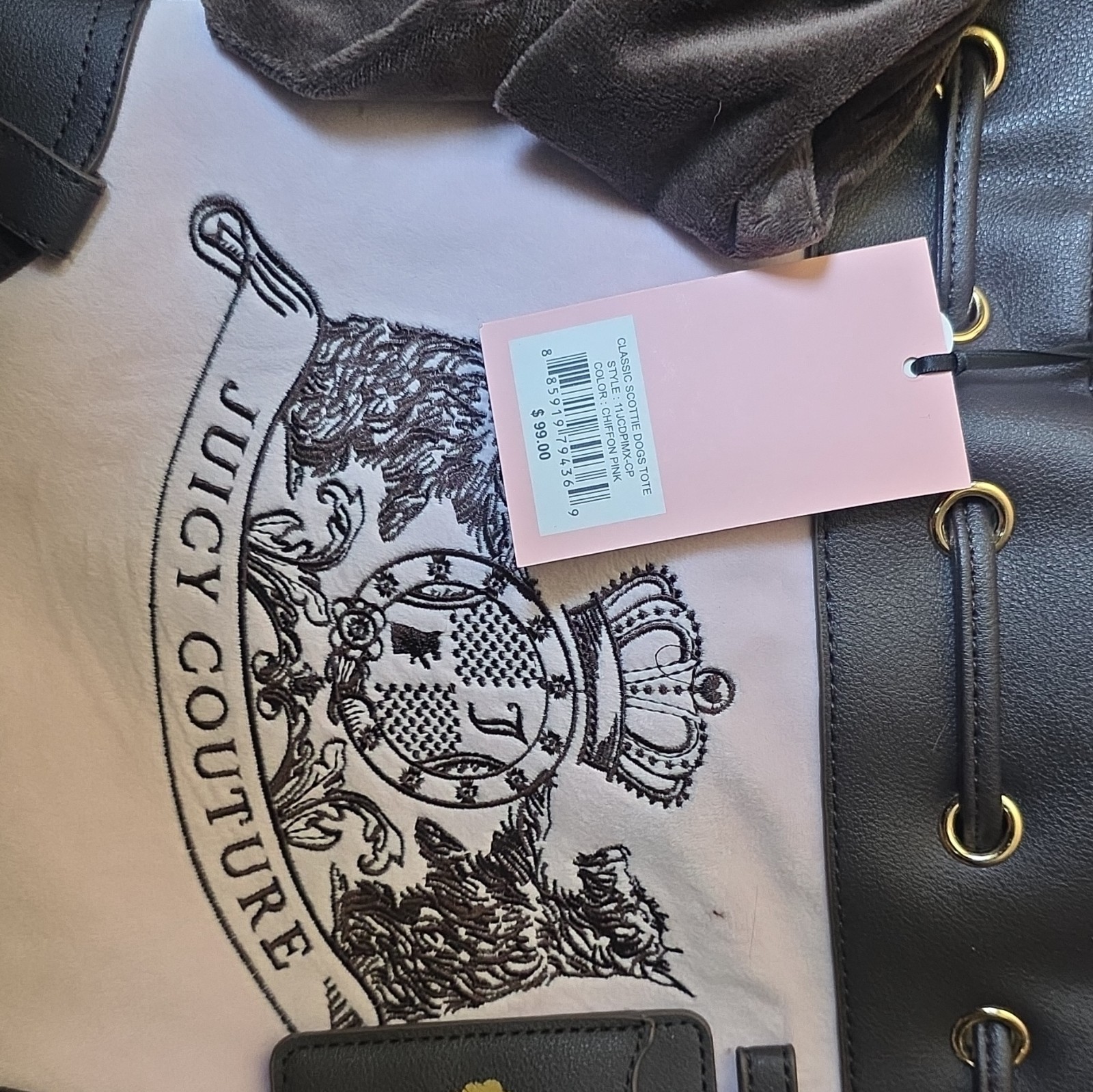 Juicy Couture Black Pink Logo Large Tote Top Handle Lined Pockets Snap Bow