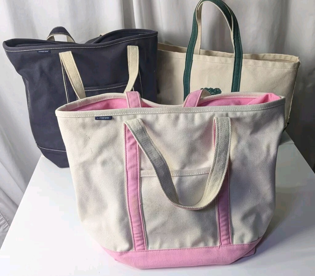 Lot 3 Vintage Lands End + Other Canvas Boat Bag Tote Beach Pink/Blue/Green LARGE