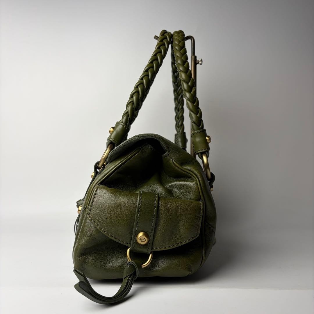 FRANCESCO BIASIA Shoulder Bag Purse Leather Green Woven Handle USED Good Cond