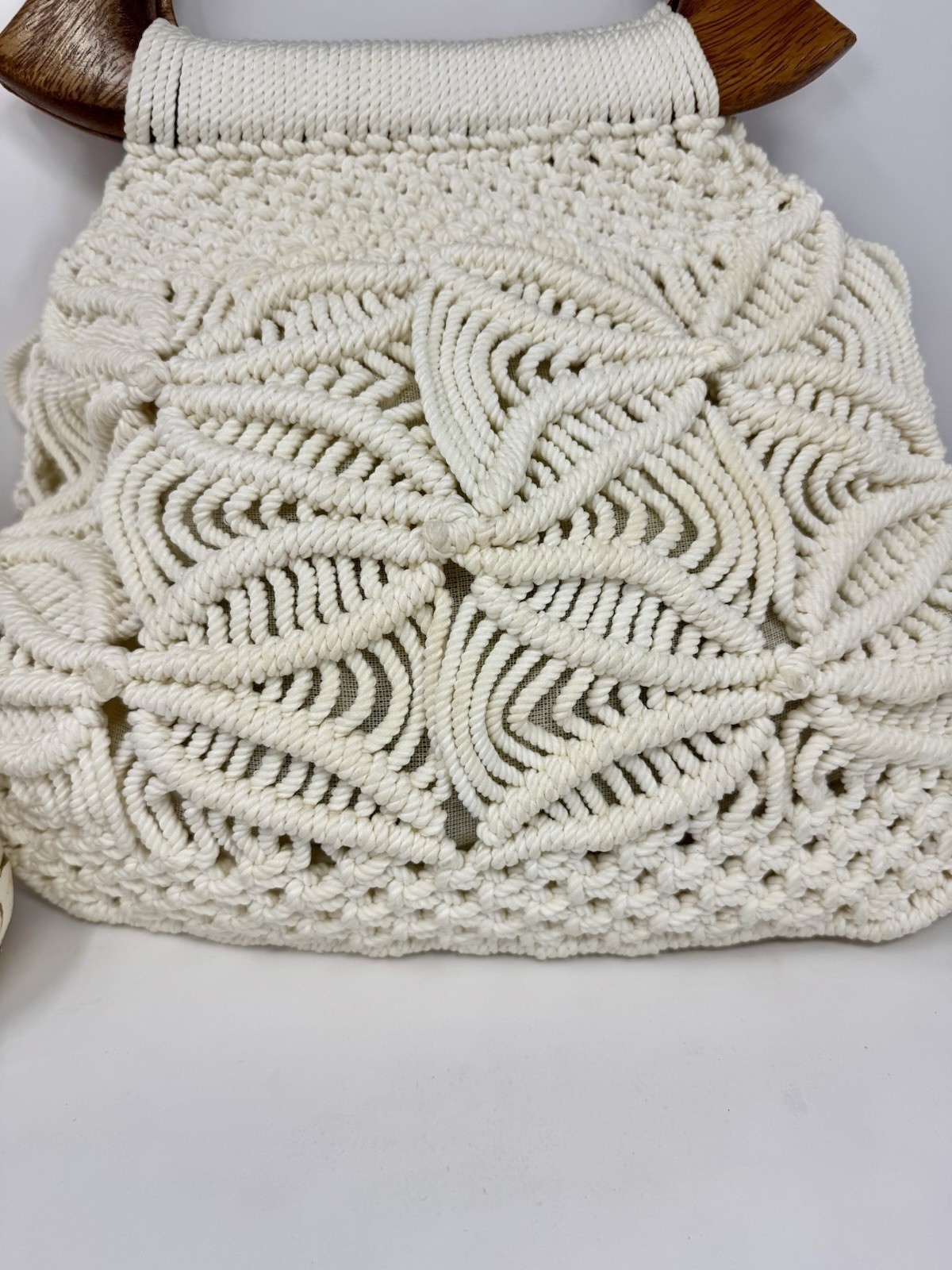 Vintage Ivory Crochet Bohemian Bag Wooden Handle Fabric Lined Interior