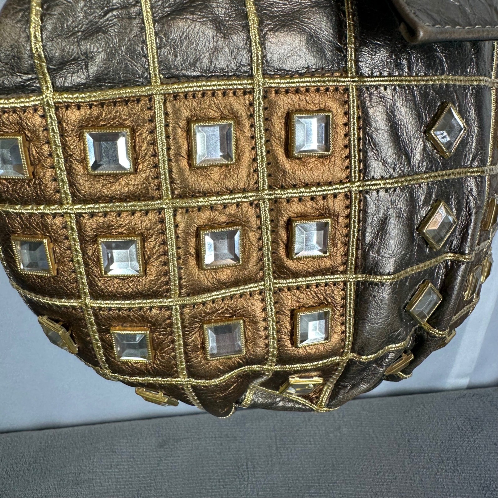 Metallic Bronze Gold Embellished Crossbody Bag Rhinestone Grid Vintage READ