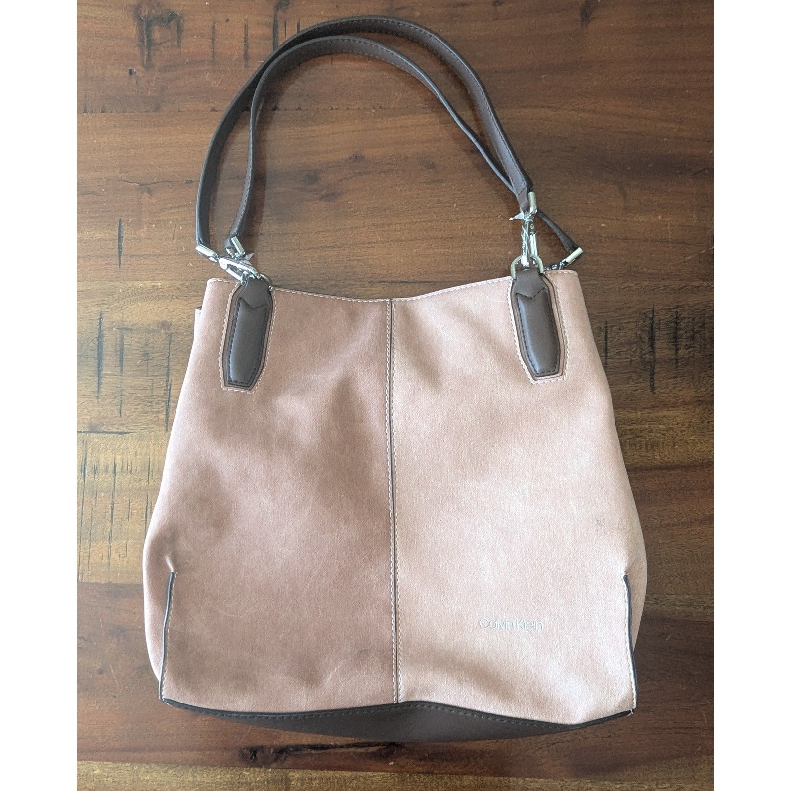 Calvin Klein Elaine Tote Two Tone Tan Brown Vegan Suede Purse Shoulder Hobo Bag