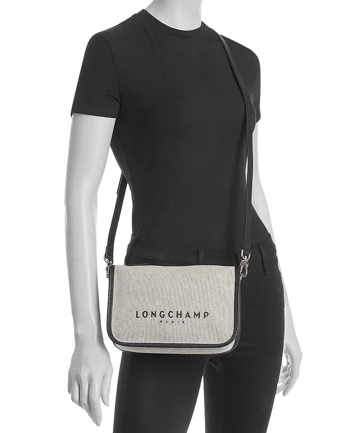 NWT Longchamp Roseau Essential S Crossbody Bag Canvas Black Leather Silver $330