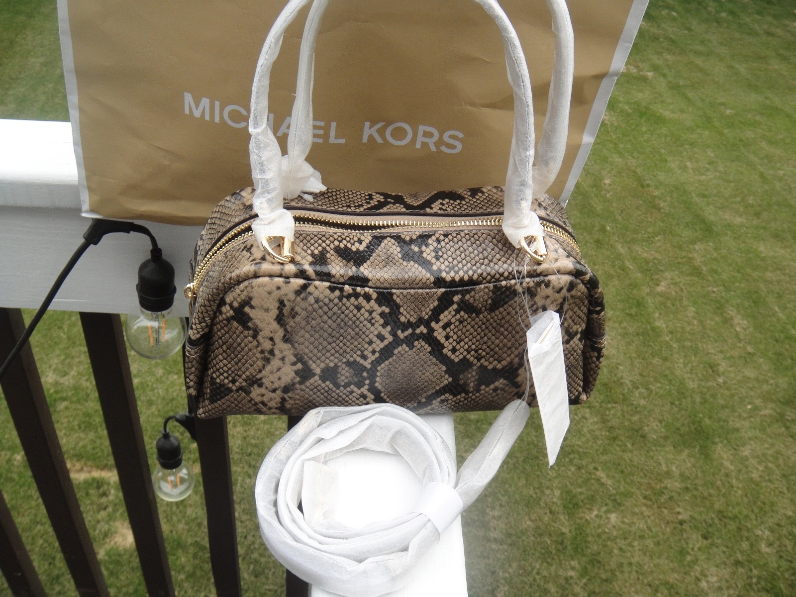Michael Kors Lady Cecily Small Studded Snake Embossed Shoulder Bag Light Cream