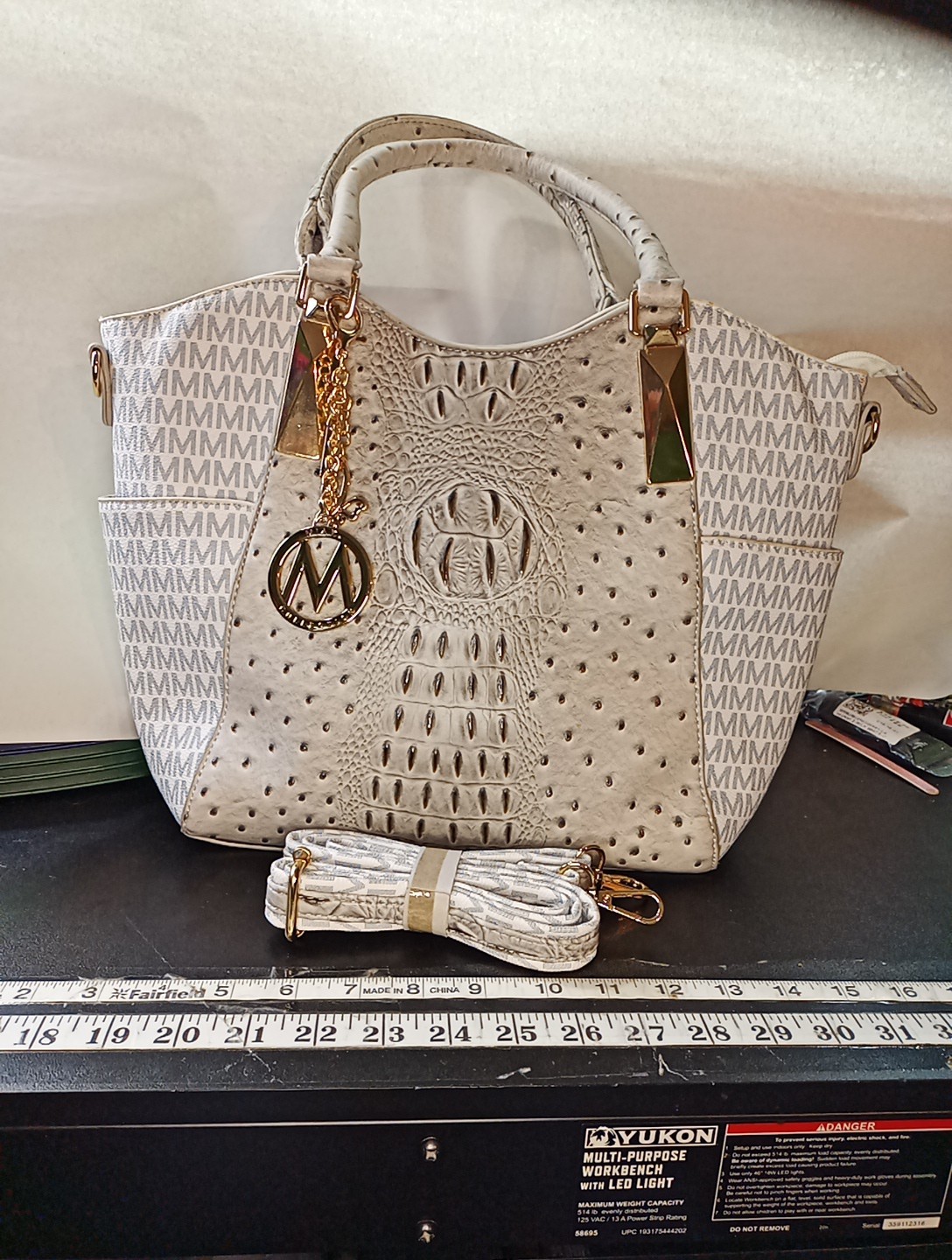 Mia K. Collection Satchel Bag White Croc Embossed Monogram Purse NWOT