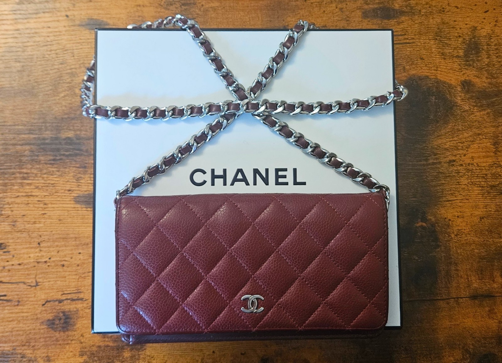 Authentic Chanel Red Caviar Leather Long Flap Bag Wallet with Silver Chain