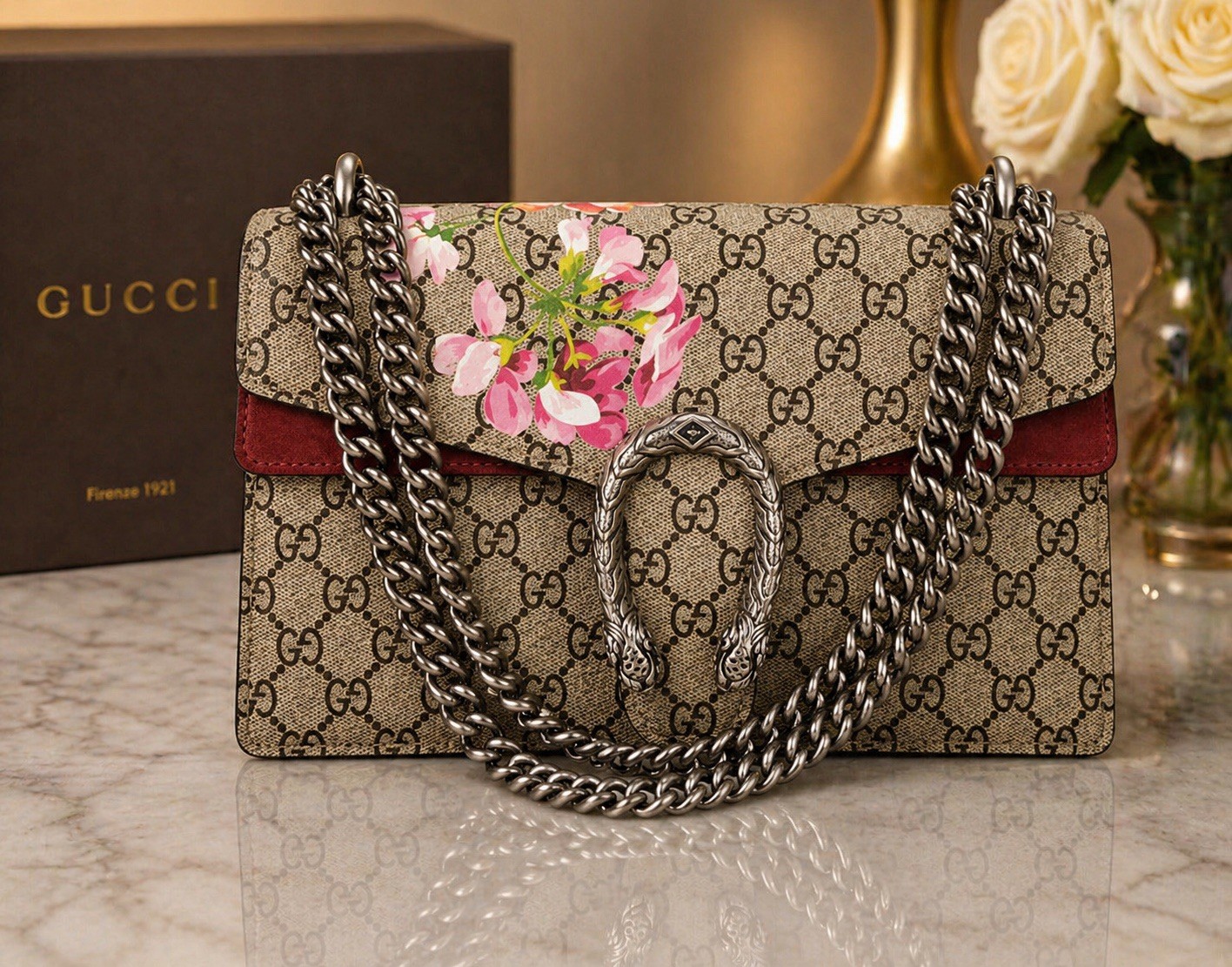 Authentic Gucci Dionysus Blooms Chain Strap Shoulder Bag Silver Hardware