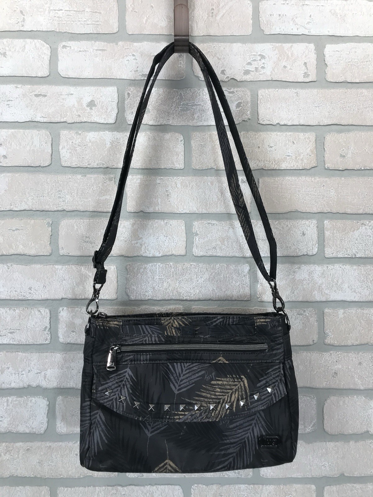 Lug RFID Crossbody Pacer Bag Black Gray Palm Leaf Fern Detachable Adj Long Strap