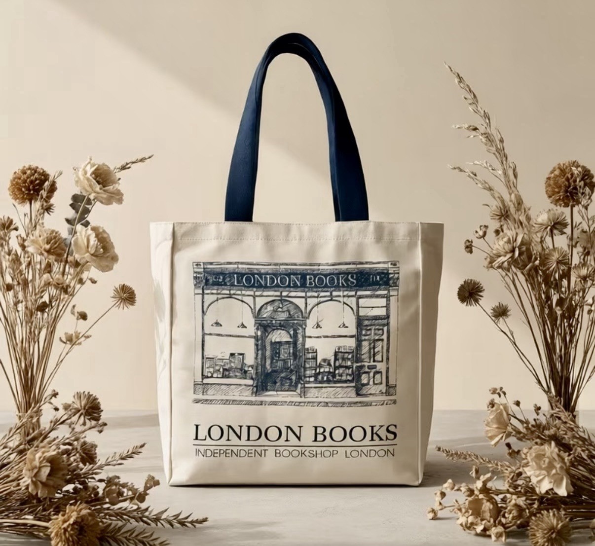Canvas Tote Bag w/Blue Handles & London Bookstore Design