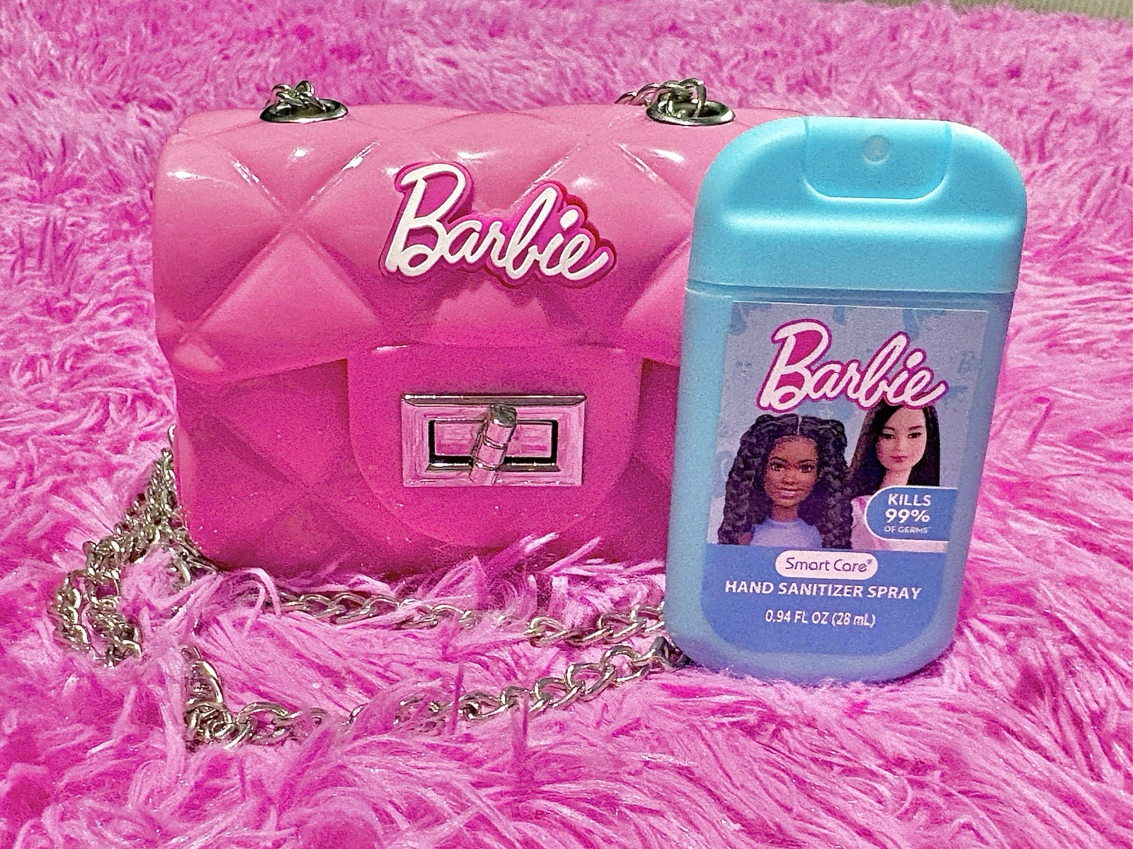 Barbie Mini Pink Quilted, Silver Chain Shoulder Bag & Barbie Sanitizer NEW