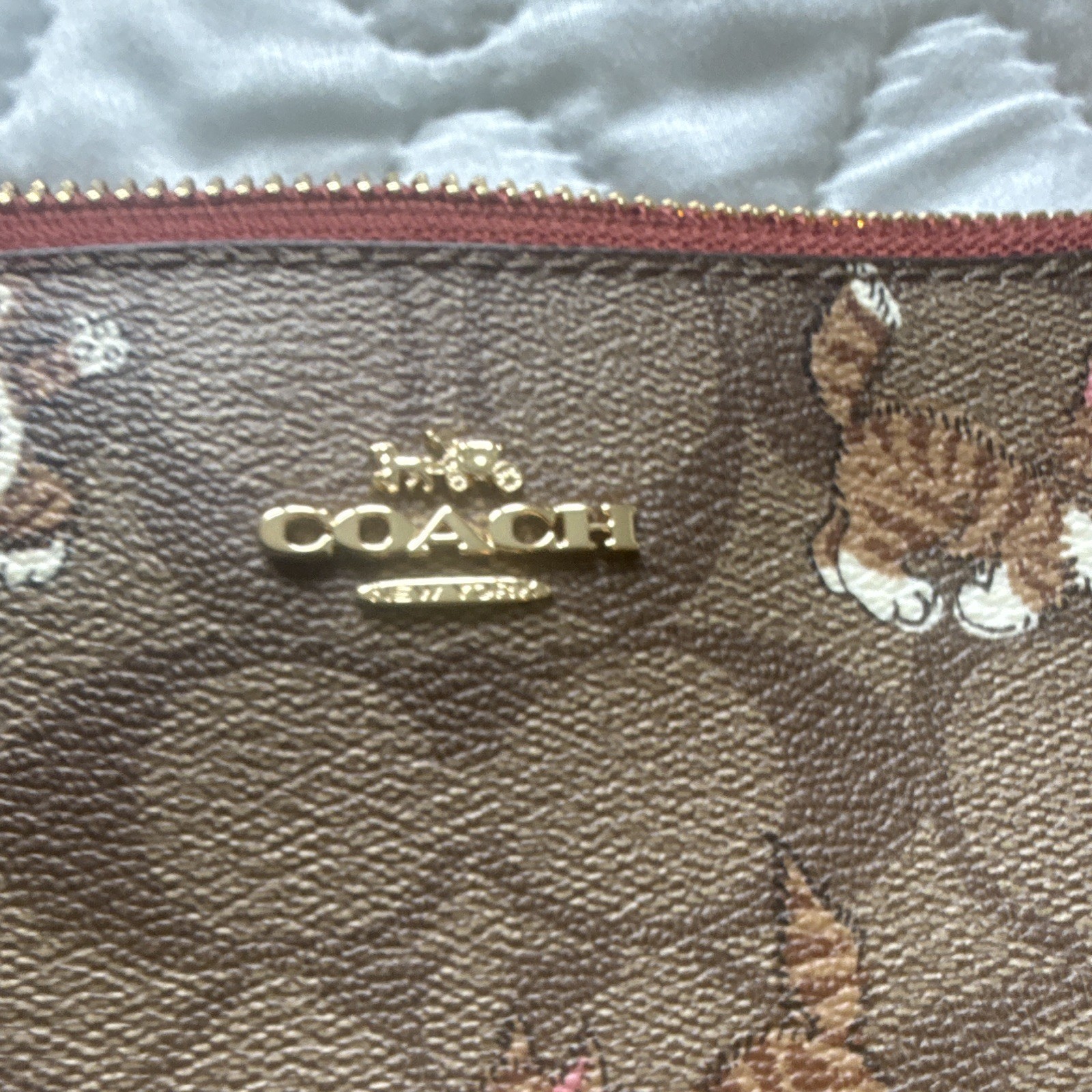 Coach Signature Cat Print Small Shoulder Bag Brown/Pink Zip Lined Pockets