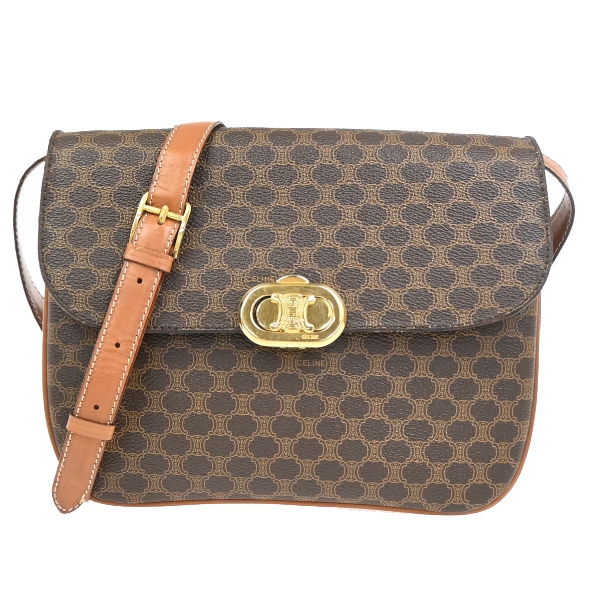 CELINE Logo Macadam Pattern Shoulder Bag PVC Leather Brown Italy GHW 65PA179
