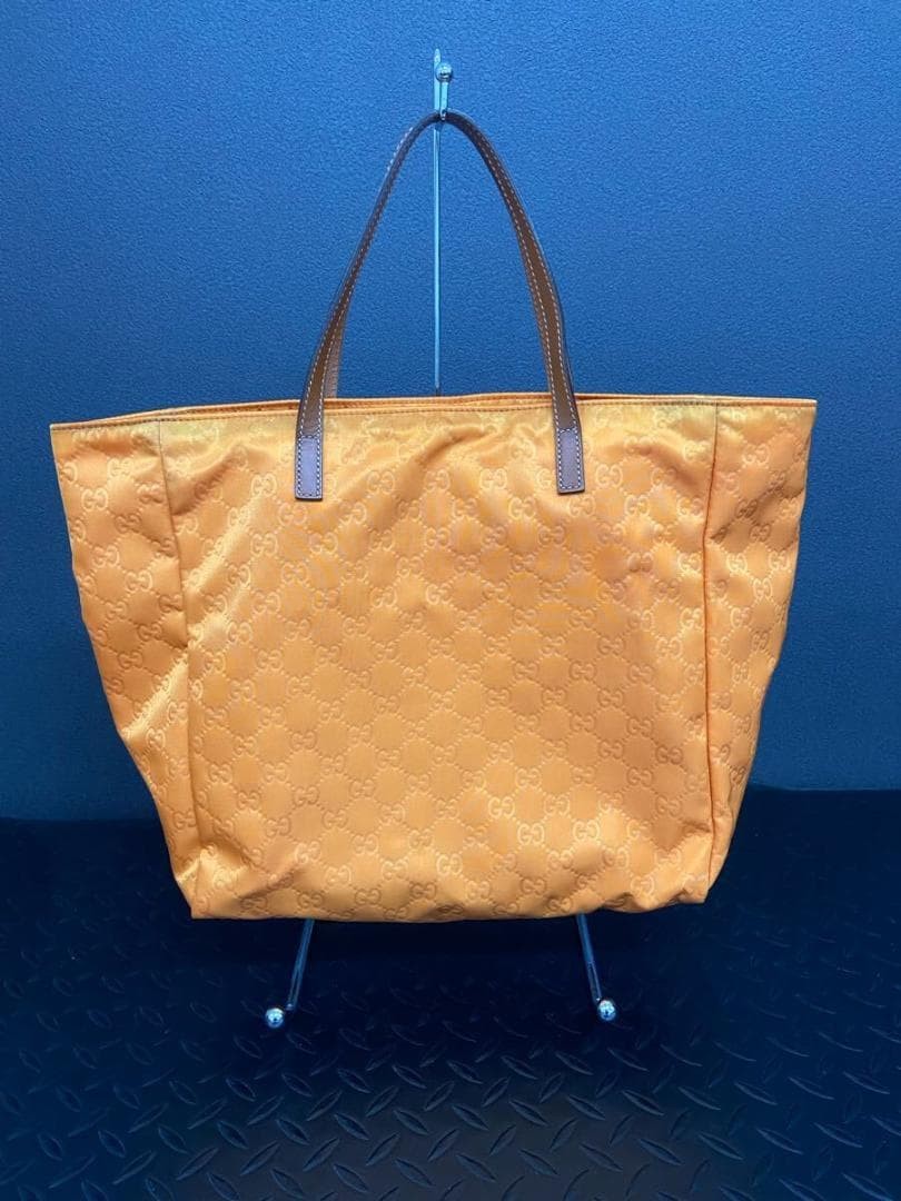 GUCCI GG Pattern Nylon Canvas Leather Tote Bag Orange