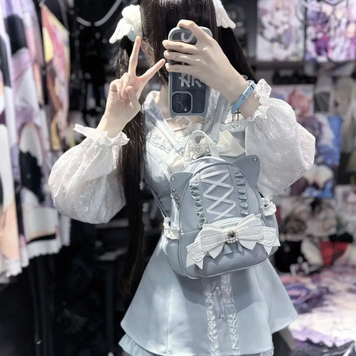 Korean Fashion Y2K Punk Backpack Lace Bow Cat Ear Lotus Lace Decoration Lolita B