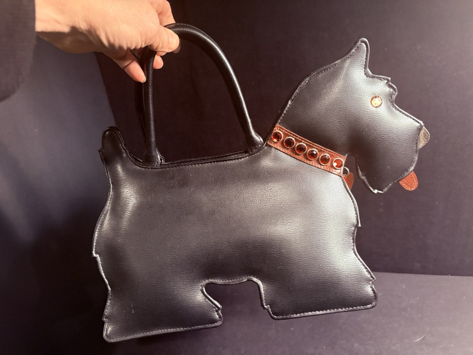 Vintage INDEED Scotty Dog Scottie Black Leather Purse Rhinestone Collar