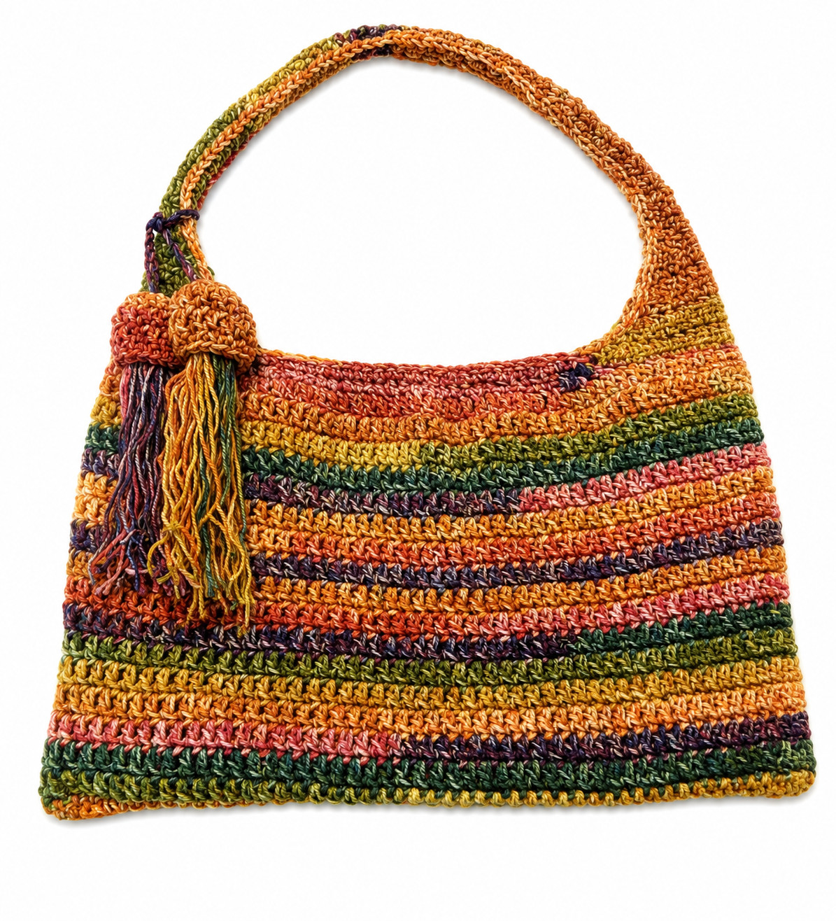 Handmade Crochet Hobo Shoulder Bag Multicolor Boho Knit Purse Tassel Accent