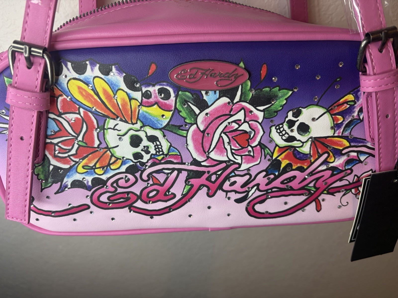 Ed Hardy Pink Satchel Bag Adjustable Straps Skull Flowers Rhinestone Y2K NWT $80