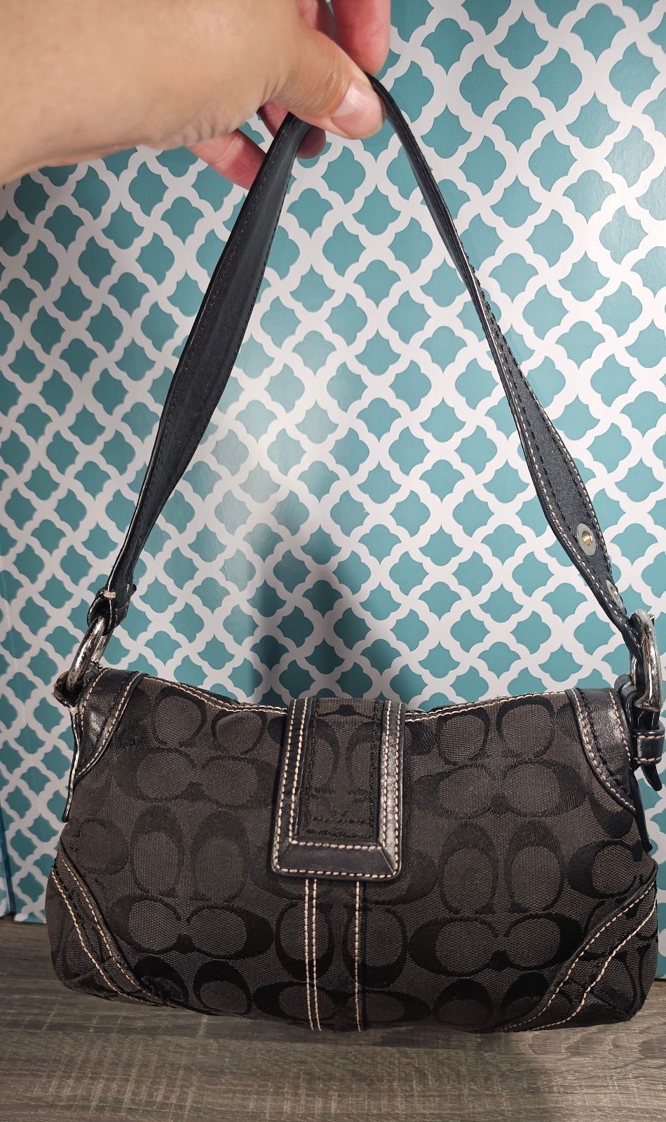 Coach Soho mini flap shoulder Signature C Jacquard bag black silver Hardware
