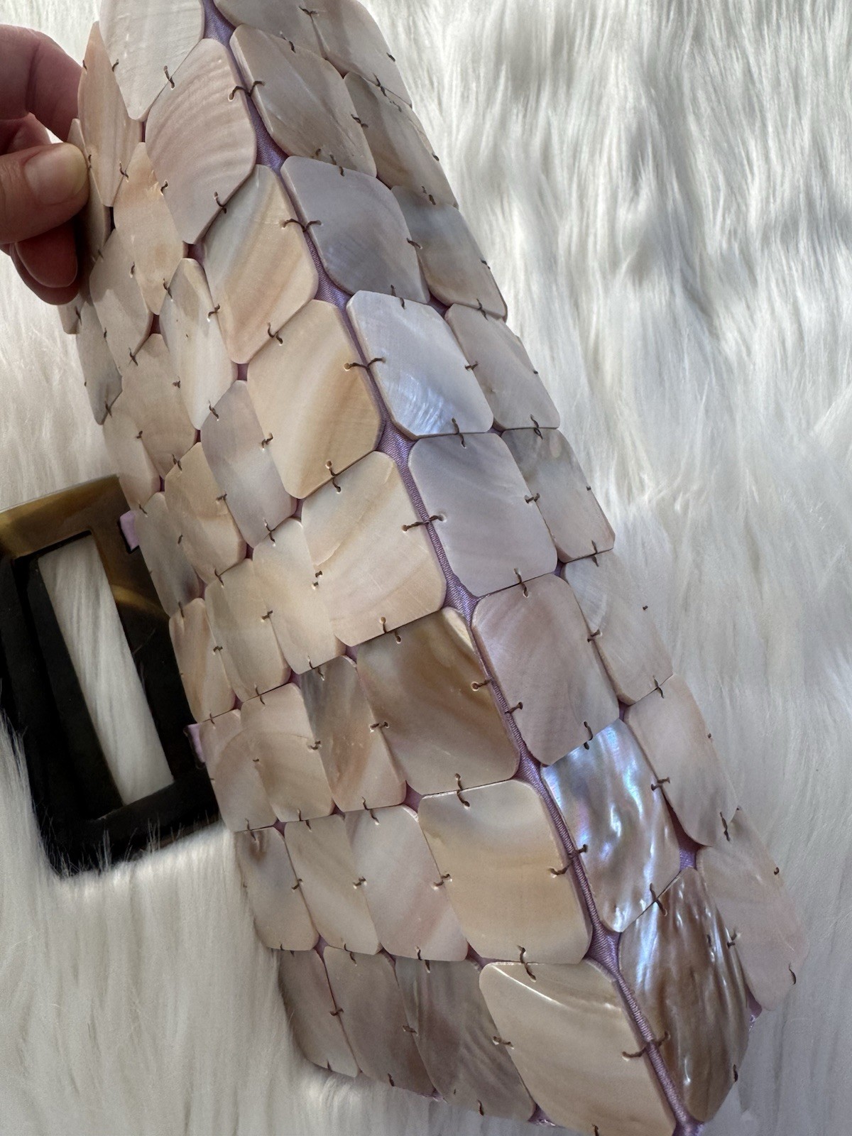 Iridescent Abalone Shell Tile Clutch Bag with Tortoiseshell Handle