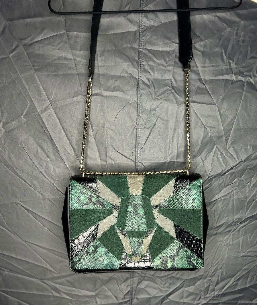 Roberto Cavalli Green Leather Shoulder Bag Gold Chain Snake Print Rare