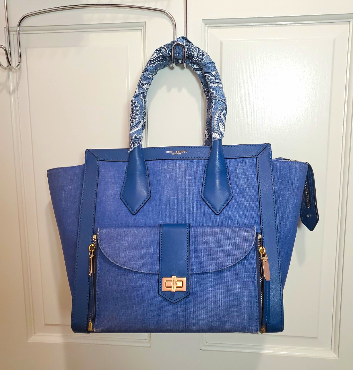Rare Henri Bendel Rivington Convertible Tote Denim Canvas Blue Leather Handbag