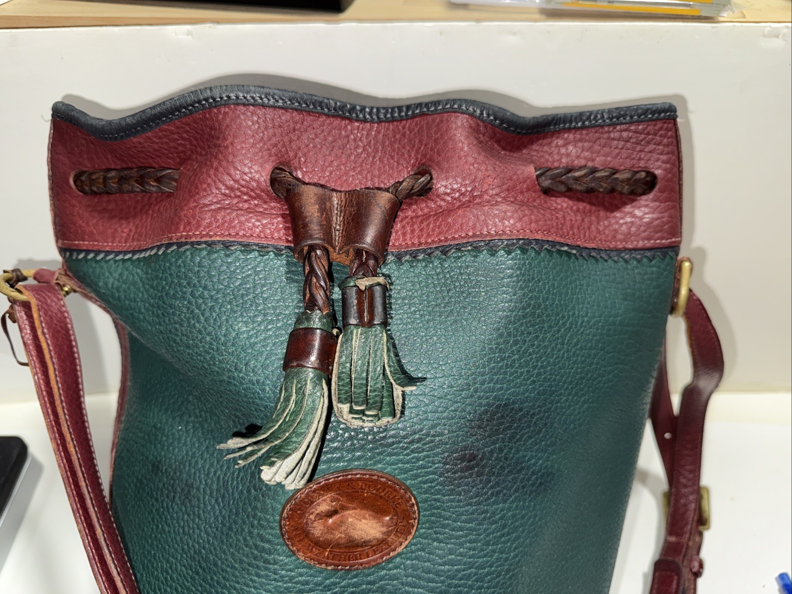 Vintage Dooney And Bourke Teton Bucket Bag Hunter Green Camel Trim Leather USA