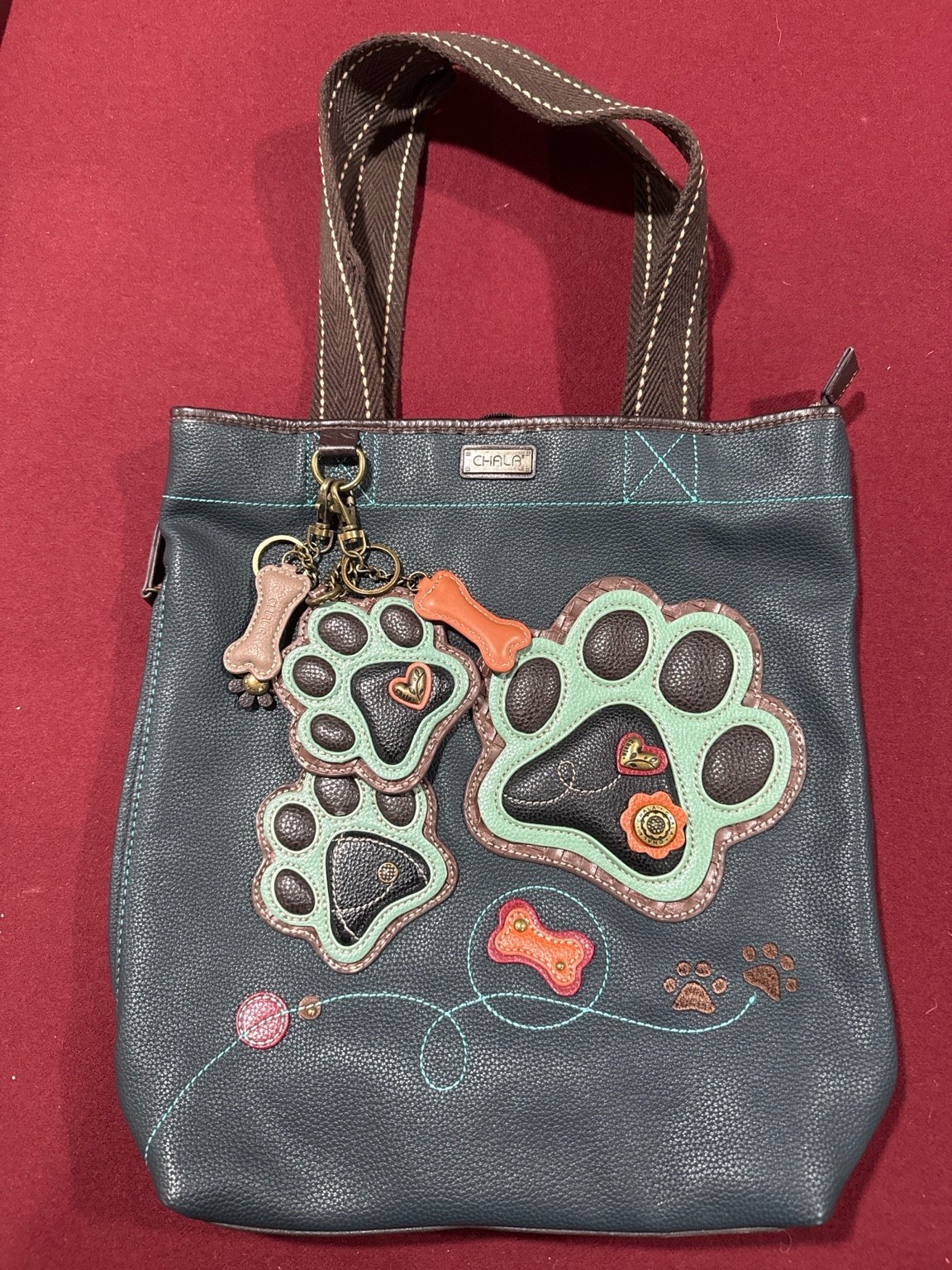 Chala Handbags Dog Lover Paw Print Tote Purse w/ Charms Key Clip Coin Purse