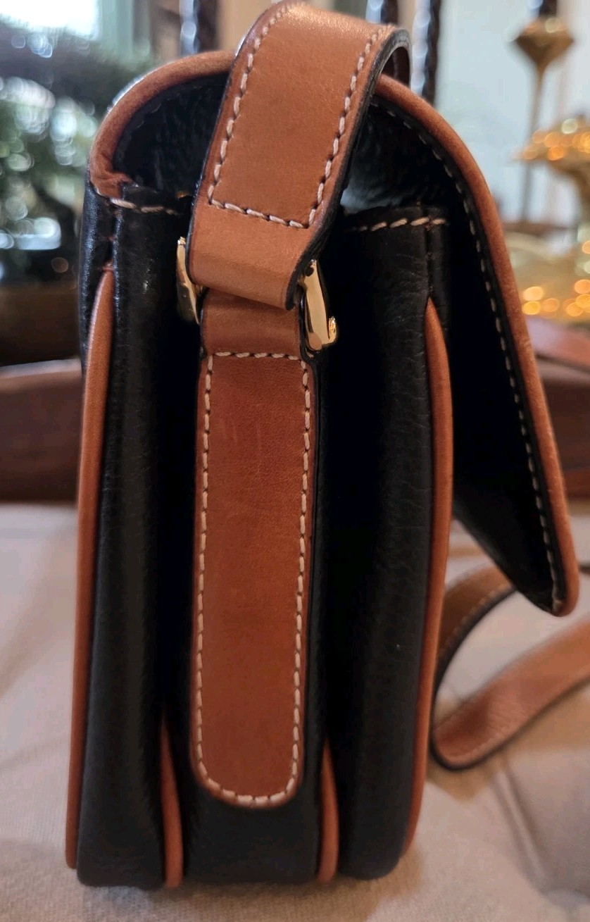 Vintage CELINE Gold Blazon Triomphe Black + Tan Leather Flap-over Bag Rare Mint