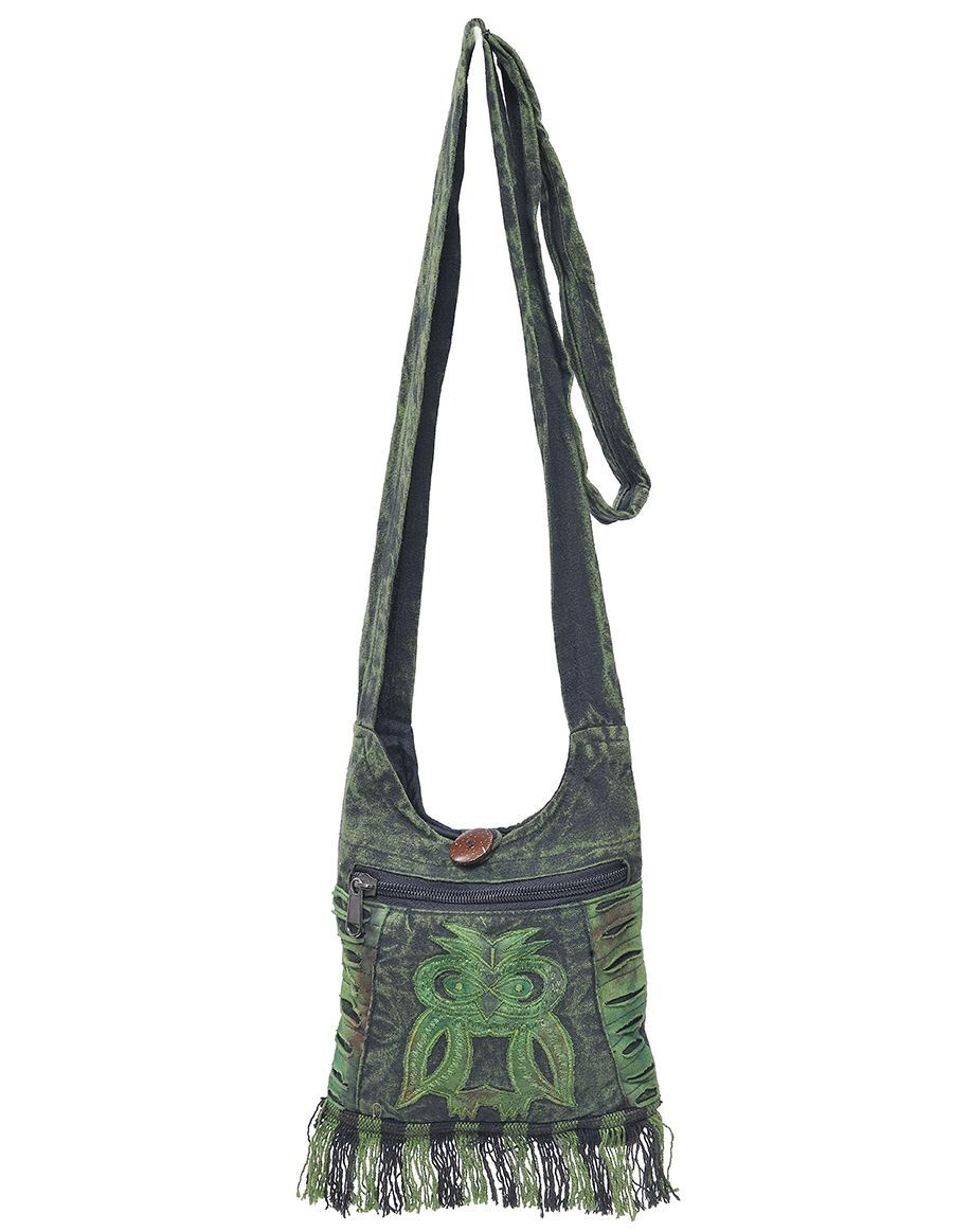 Boho Owl Crossbody Bag Handmade Cotton Fringed Purse Nepal Purple Green Blue