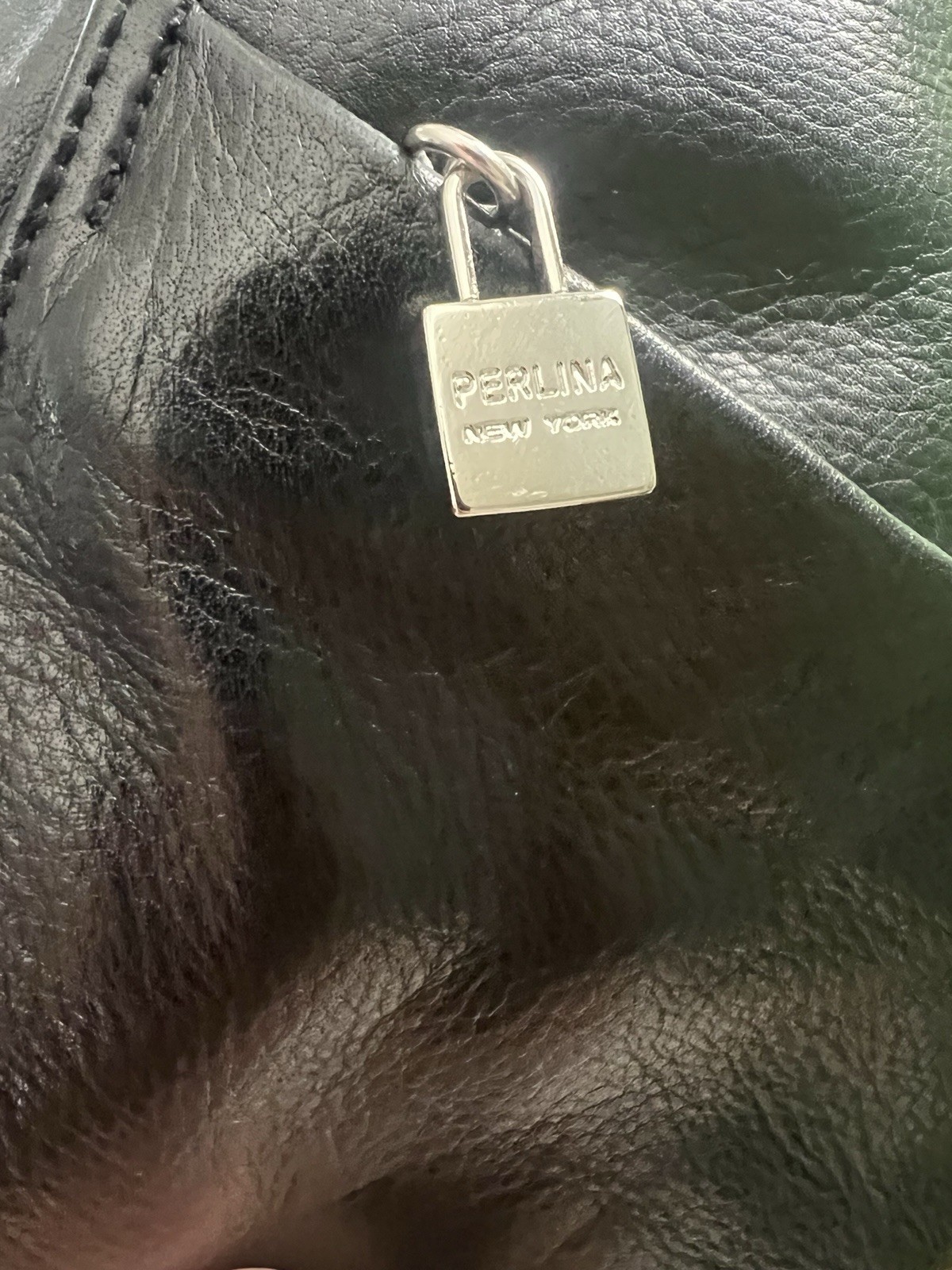 Vintage Perlina Black Leather Crescent Shoulder Bag W/ Brushed Silver Hardware