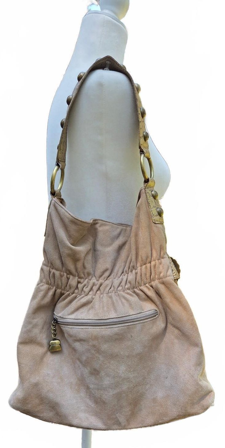 Vintage Kathy Van Zeeland Tan Faux Suede Concho Belt Studded Hobo Shoulder Bag