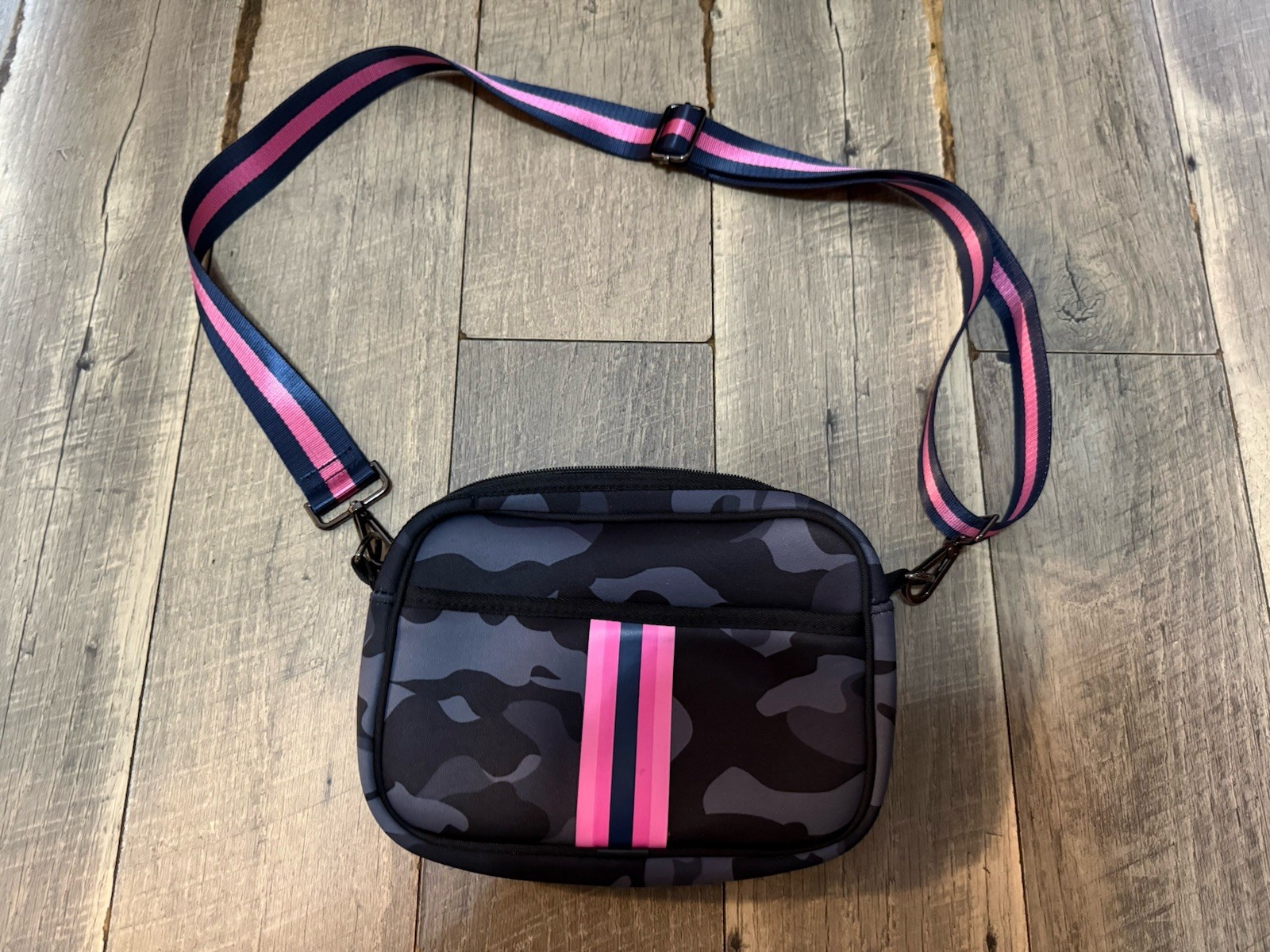 Haute Shore Drew Epic Neoprene Crossbody pink and gray camo purse