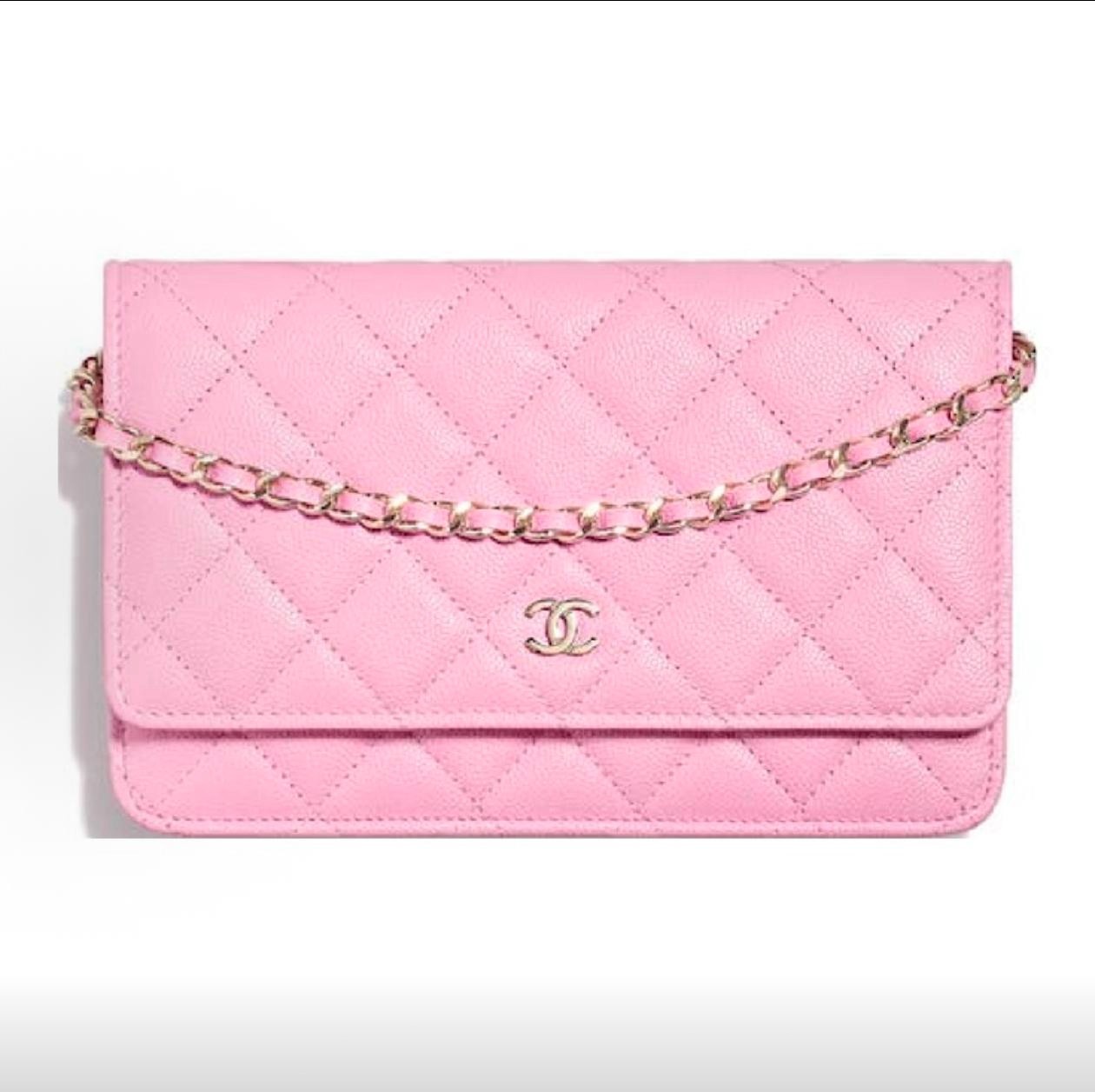 Classic Quilted Caviar Leather Wallet on Chain (WOC) with Light Gold Hardware &