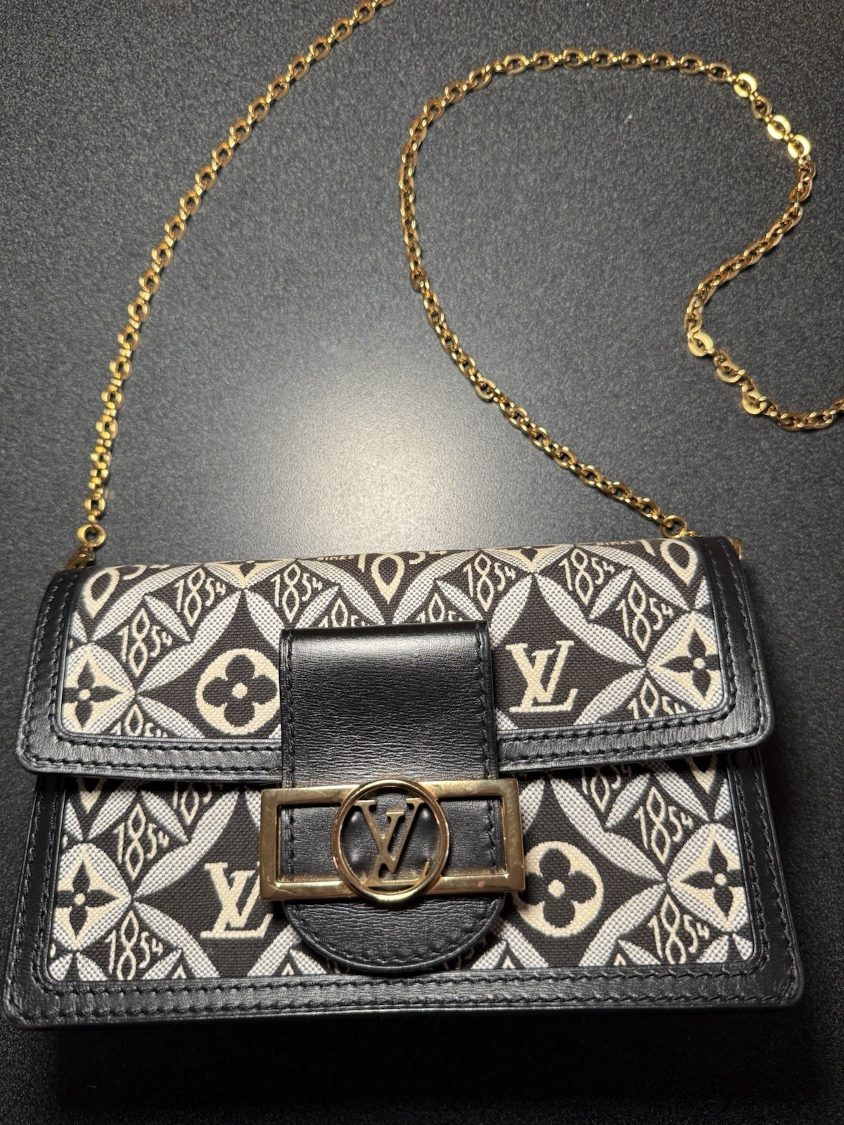 Louis Vuitton Black Blue Jacquard Since 1854 Dauphine Chain Wallet w/ Dust Bag