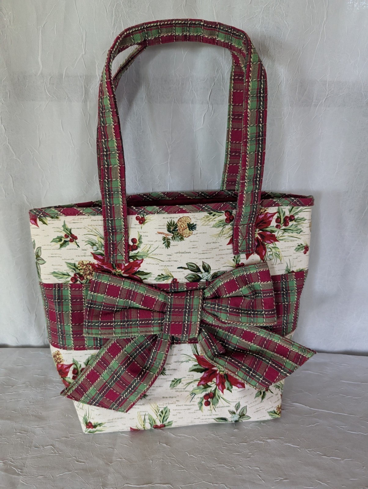 Longaberger Christmas Floral Tote Bag Multicolor Double Handles Bow Red Lined