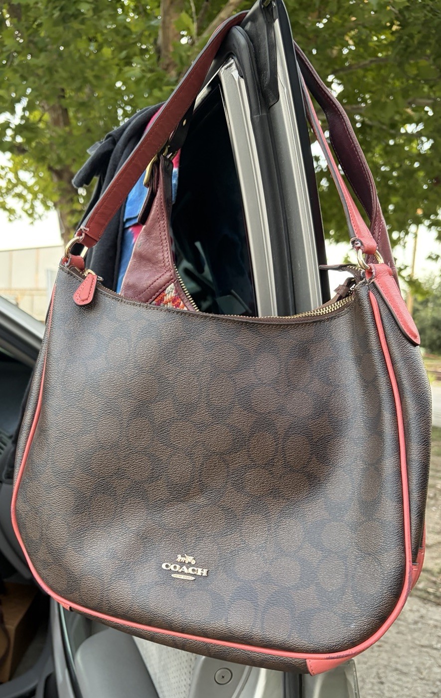 Coach Signature Brown Canvas Coral Pink Leather Hobo Shoulder Bag Purse F29209