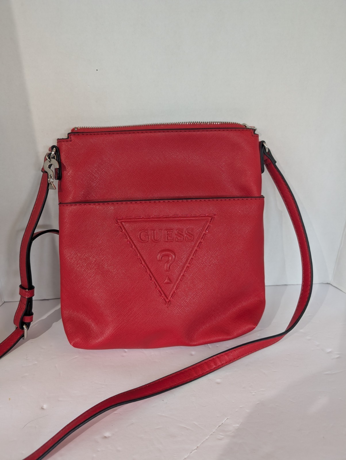 Guess Red Crossbody Bag Embossed Triangle Logo Zip Shoulder Purse