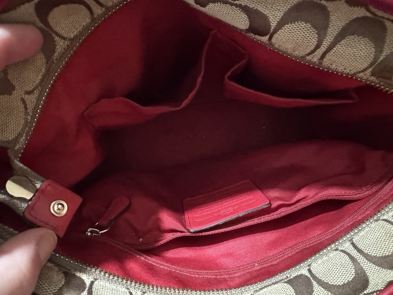 Coach Signature Canvas Tote Bag Red Leather Trim Shoulder Purse Hangtag EUC