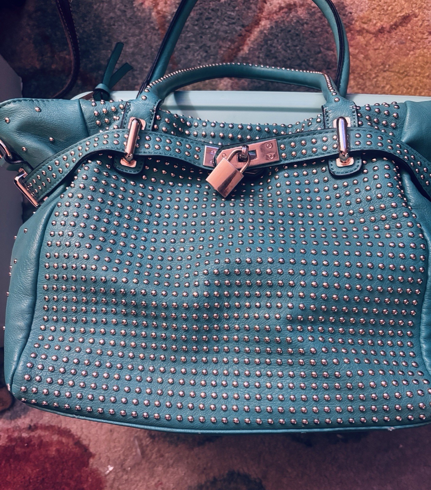 Melie Bianco Green Studded Satchel Zip Closure Double Handles Gold Hardware
