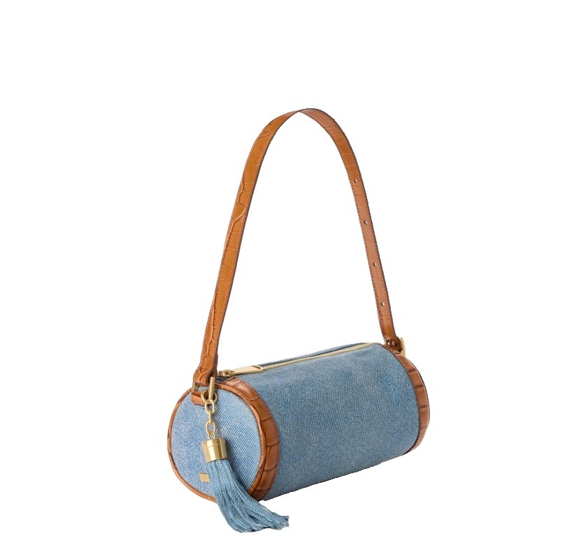BRAHMIN Billie Barrel Shoulder Bag Denim Leather Brushed Gold Harrware NWT