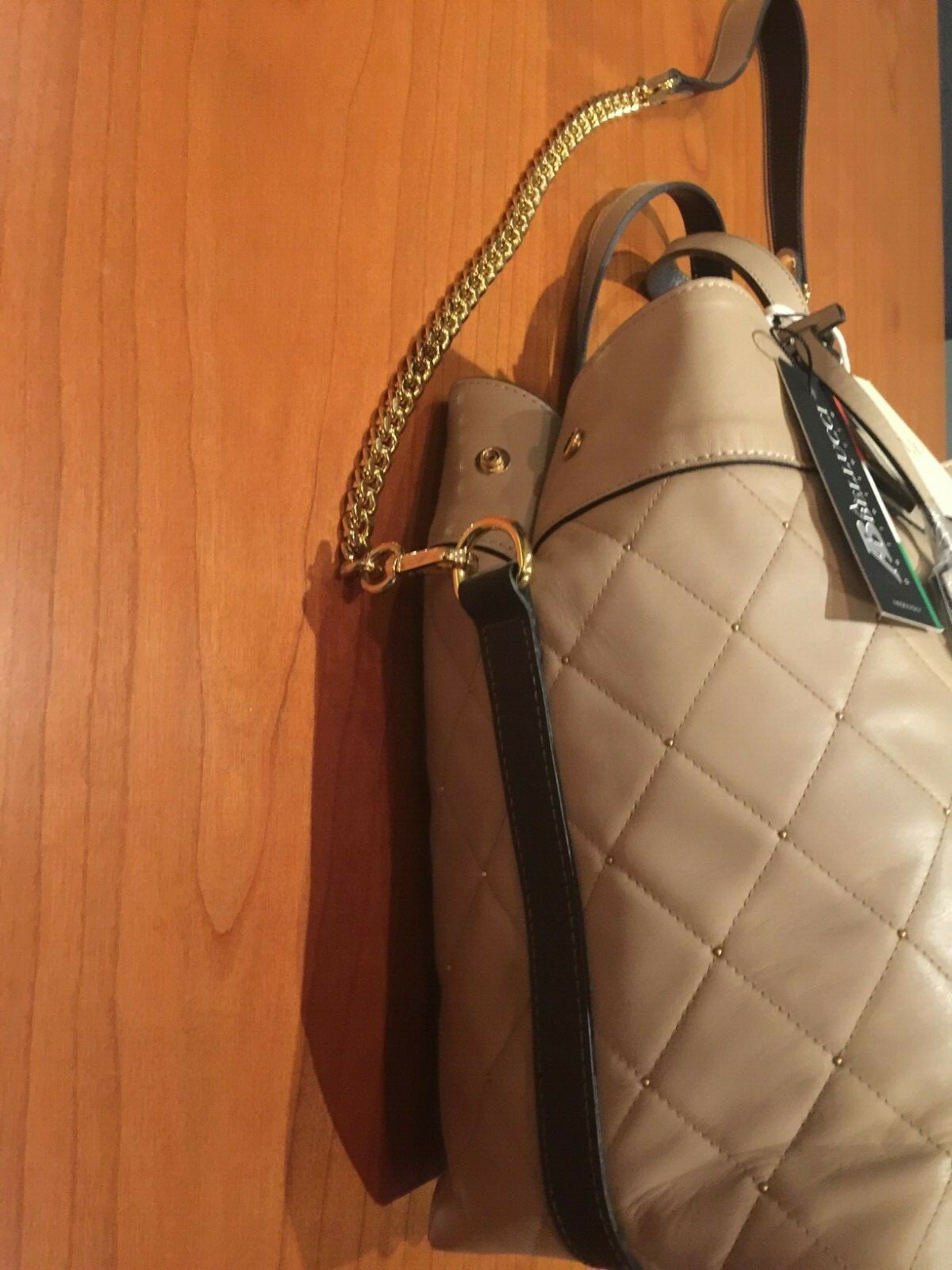 NWT A. BELLUCCI QUILTED ITALIAN LEATHER HANDBAG TAN GOLD BEAD DETAILING LONG STR