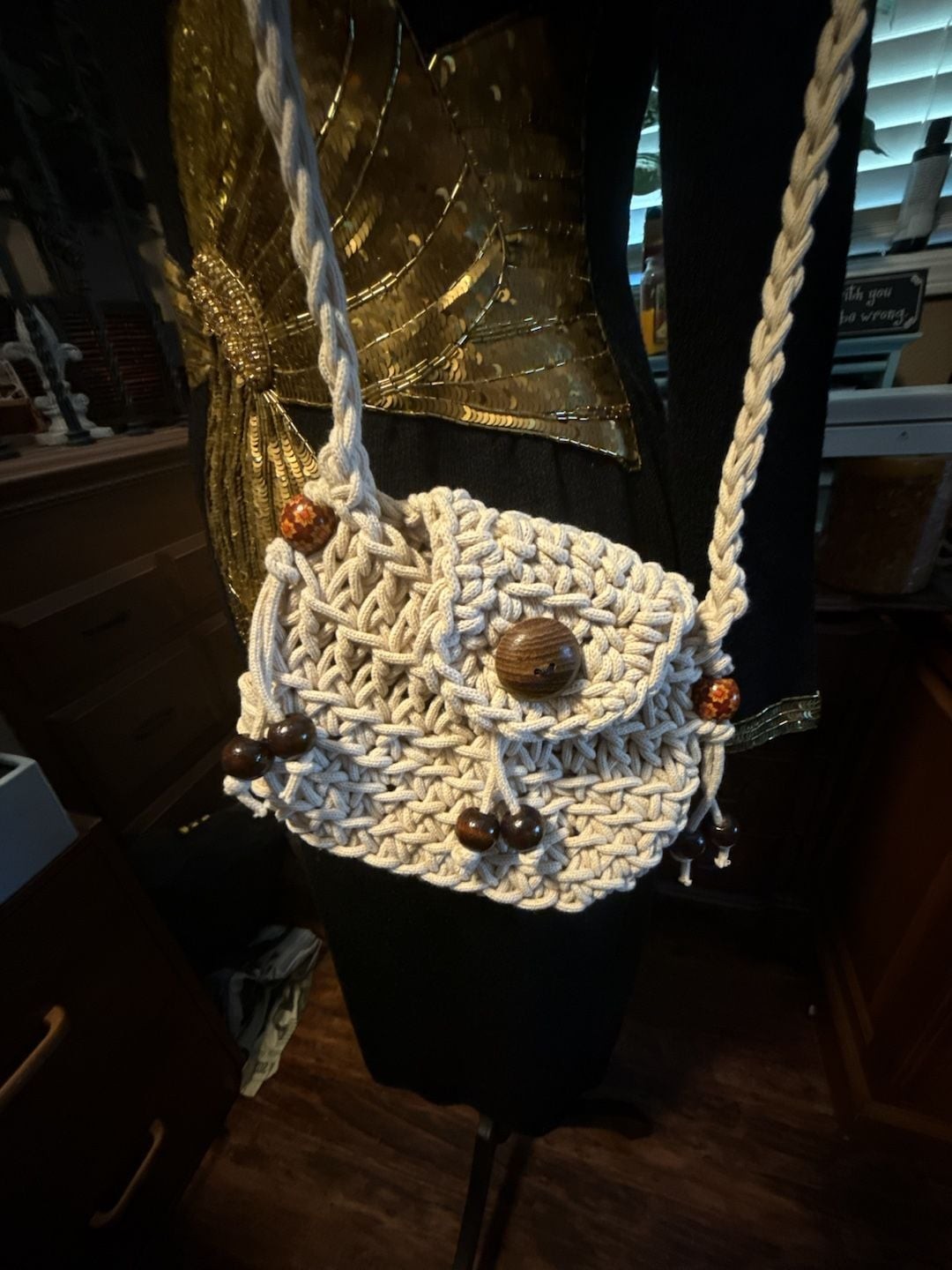 Handmade Bohemian Macrame Crossbody Bag with Wooden Beads